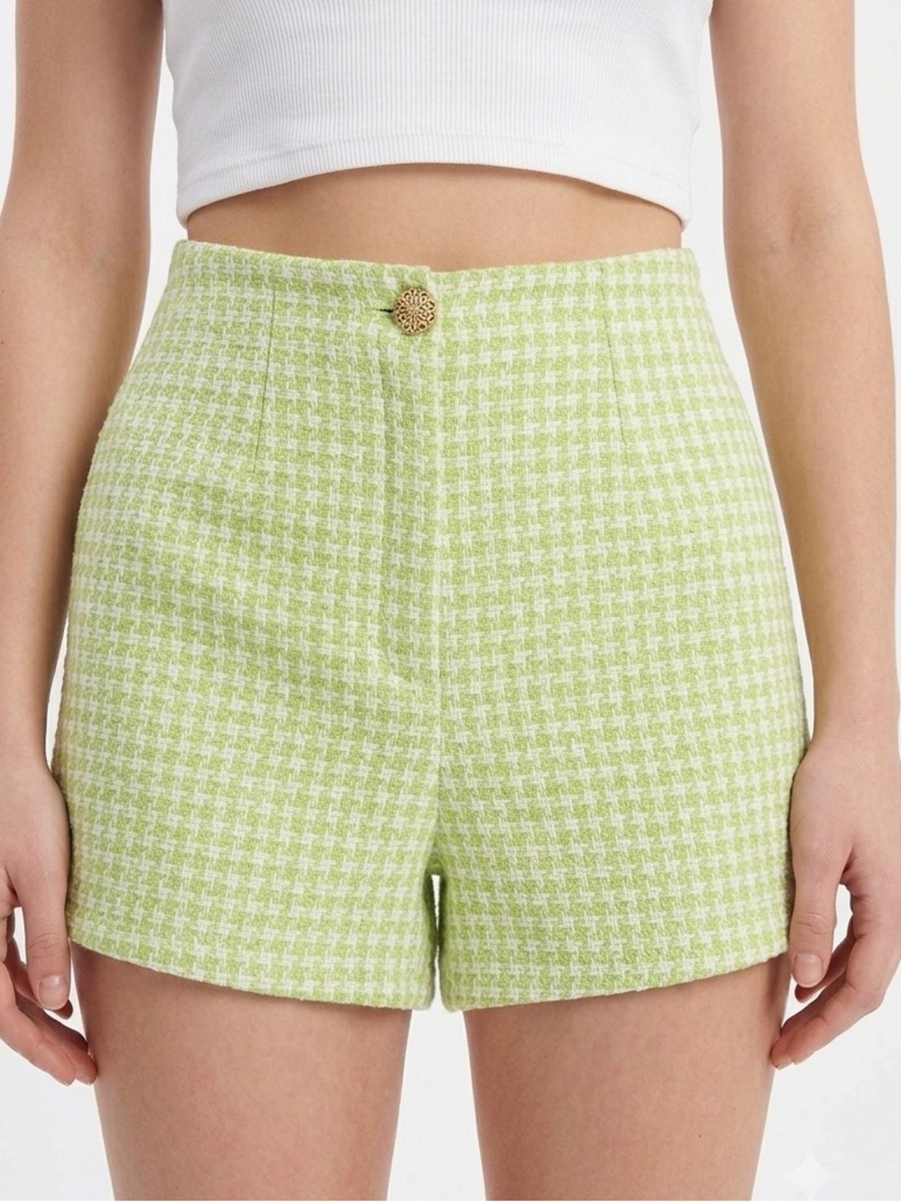 Zara High Waisted Tweed Houndstooth Shorts Lime & White L